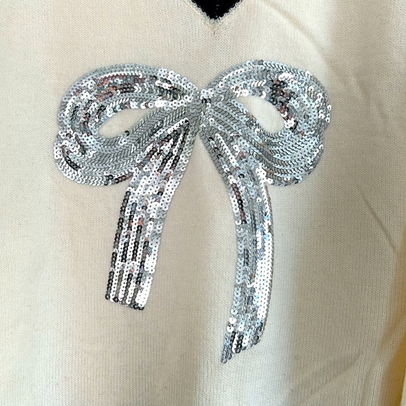 Silver sequin bow varsity style sweater, size 3X - Picture 4 of 6